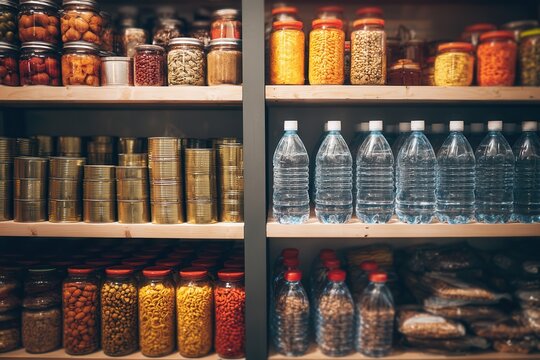 organized food storage in bunker, canned goods, water bottles, dry food supplies neatly arranged on shelves