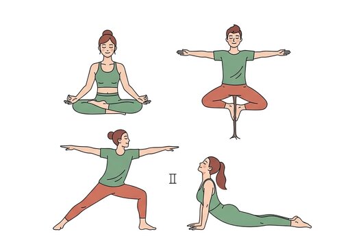Diverse people practicing different yoga poses in illustration set