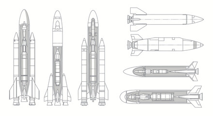 Detailed technical drawings of rockets, space shuttles, and missiles with internal views. © Tukang