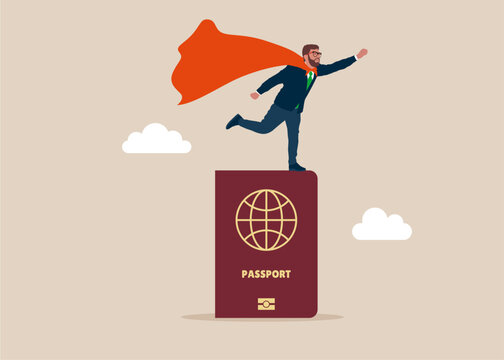 Strong passport. Superhero on biometric passport. Finance, saving money. Flat vector illustration
