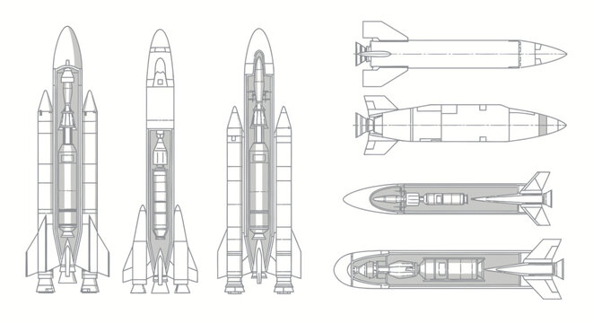 Detailed technical drawings of rockets, space shuttles, and missiles with internal views.