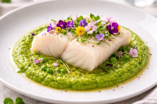 Delicious fish dish presented with vibrant green puree and edible flowers