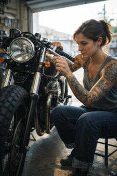 Young woman with tattoos repairing motorcycle in garage