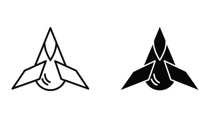 Fototapeta premium Black and white stylized jet aircraft vector icon with flame