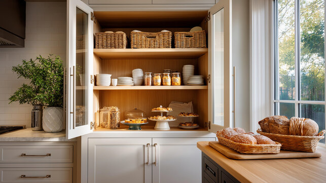 Modern kitchen pantry with open doors showing empty upper shelves and a lower shelf of cakes in a minimalist straight on view