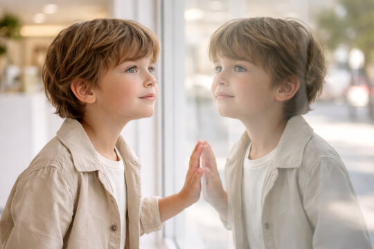 Young boy gazing at reflection in window with curiosity
