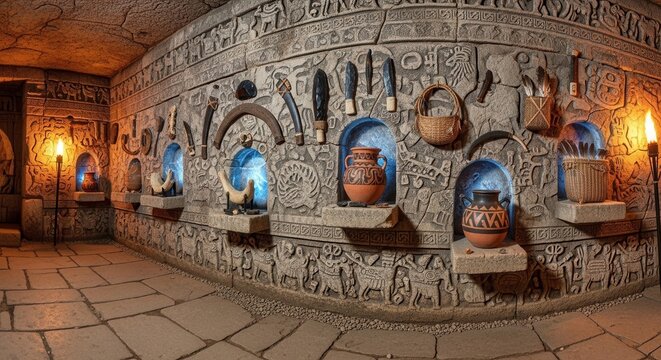 Intricate ancient tribal stone carvings and artifacts displayed in a historic museum setting, showcasing early human civilization