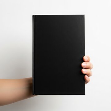 Hand holding a sleek black notebook against a plain background