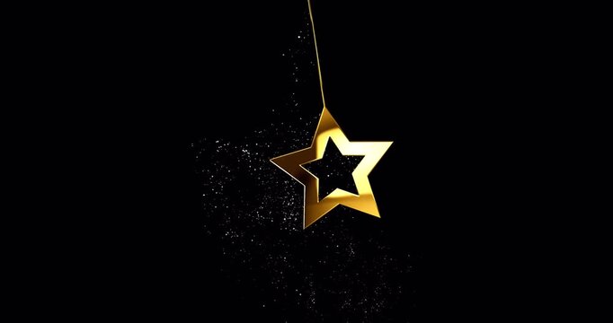 Gold star sways gently on the string with glare and glittering falling particles, golden dust is drifting down form swinging back and forth star, footage