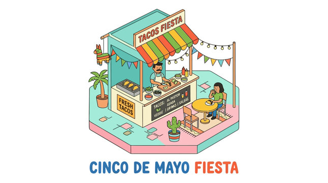Vibrant vector illustration celebrating Cinco de Mayo festival. A lively food stand invites to celebrate joy, embodying festive spirit, with a sombrero nod