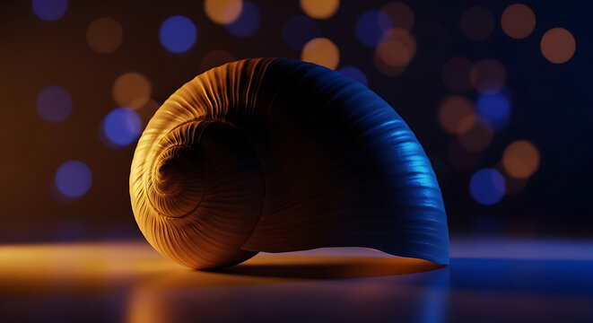Close-up of a snail shell with bokeh lights in the background