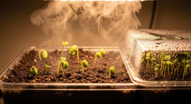 Young seedlings emerging from rich soil under grow lights with rising steam