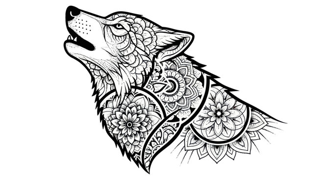 Intricate wolf illustration on white background