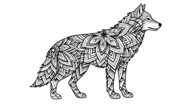 Intricate wolf illustration on white background