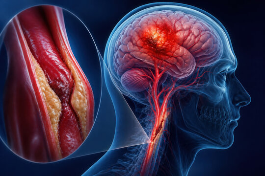 Carotid artery stenosis causing ischemic stroke medical illustration