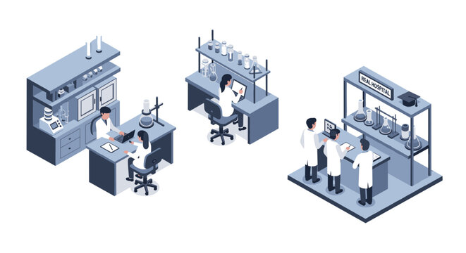 Isometric illustration of scientists conducting experiments in a modern laboratory setting.