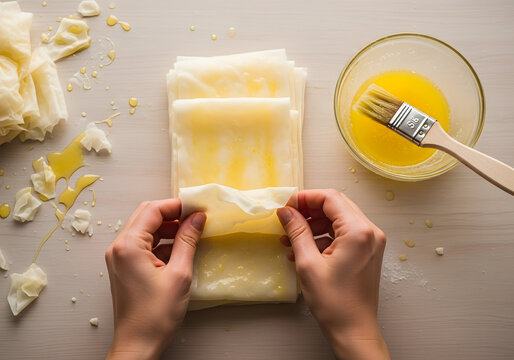 Top-down view of hands meticulously folding layers of golden phyllo dough, brushed with melted butter, on a light wooden table, preparing a delicious homemade pastry for baking.