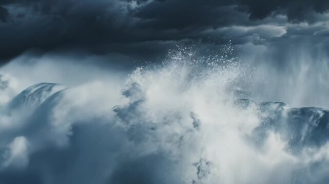 Large ocean wave under stormy sky ideal for travel vlogs and eco-friendly campaigns