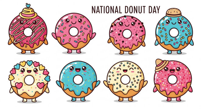 Colorful cartoon donuts celebrate national donut day with happy faces and various toppings on white background