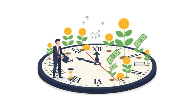 A business executive uses a watering can to grow money trees featuring dollar bills and gold coins on a large clock face with roman numerals set against a white background.