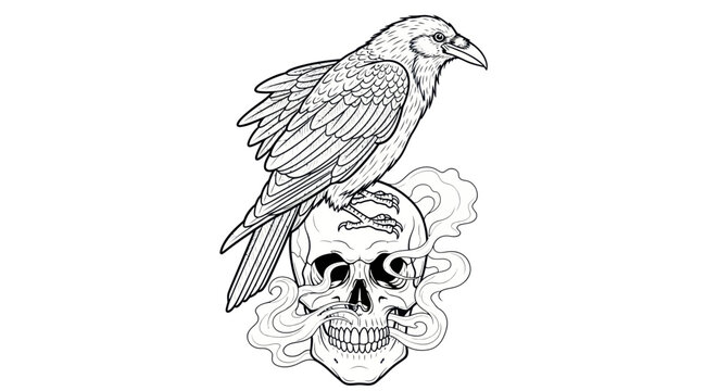 Raven perched on skull illustration