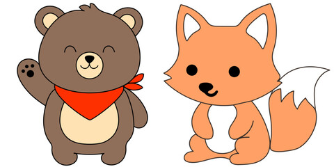 Obraz premium Vector illustration of a cute smiling bear wearing a red neckerchief waving hello and a sweet little fox. Flat cartoon style forest animals isolated on white background. Great for children's books.