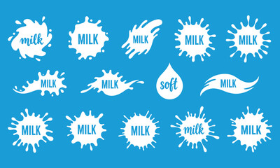Naklejka premium White milk splashes with text on blue background white splash