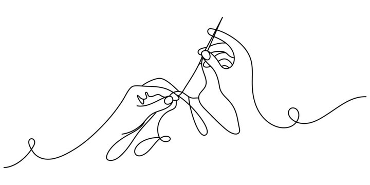 Silhouette of female hands threading a needle, modern style, drawn in single line. Solid line art for decorative sketches, posters, wall hangings, stickers, logos. Vector illustration.