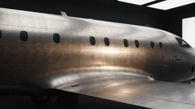 Metallic Aircraft Structure Displayed in Modern Art Gallery Environment