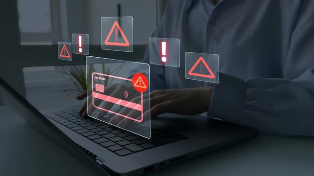 Financial scam concept showing bank card fraud,mobile phone phishing and online payment risk. Security alert, data protection and identity theft warning in digital banking.	
