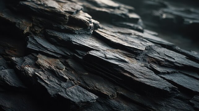 Close-up of Dark, Layered Slate Rock Formation with Rough Texture