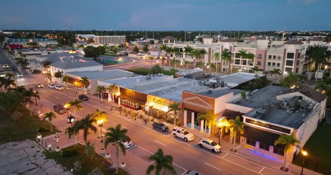 Aerial view of Punta Gorda, Florida featuring historic district, traditional architecture and charming small town streets at sunset.