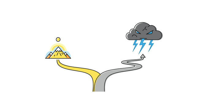 A bifurcating road splits into two distinct paths leading toward a bright sunny mountain peak and a dark stormy cloud in a minimalist vector graphic illustration.