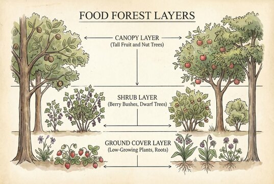 Detailed educational botanical illustration of a layered permaculture garden