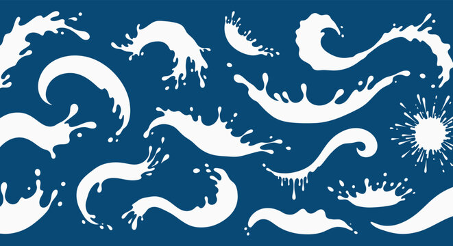 White liquid splashes and drips on deep blue background