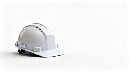 Fototapeta premium A white construction hard hat with ventilation slots and adjustable strap rests on a smooth surface against a plain background.