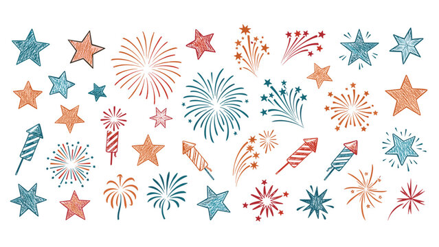 Vibrant collection of hand-drawn elements including stars, explosive fireworks, and festive rockets, all with scribble textures in a lively red, blue, and orange palette for celebrations.