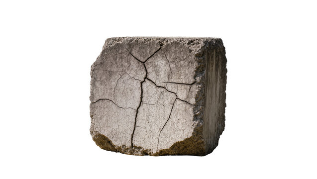 Isolated rough weathered concrete block with natural cracks and texture, aged construction material.