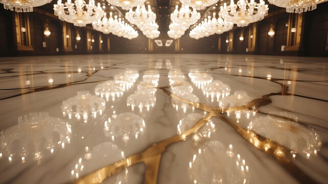 Opulent Grand Ballroom interior with intricate crystal chandeliers reflecting on polished marble and gold veined floor.