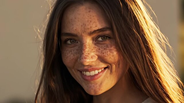 Portrait of a smiling woman with freckles highlighting geometric patterns and contemporary art