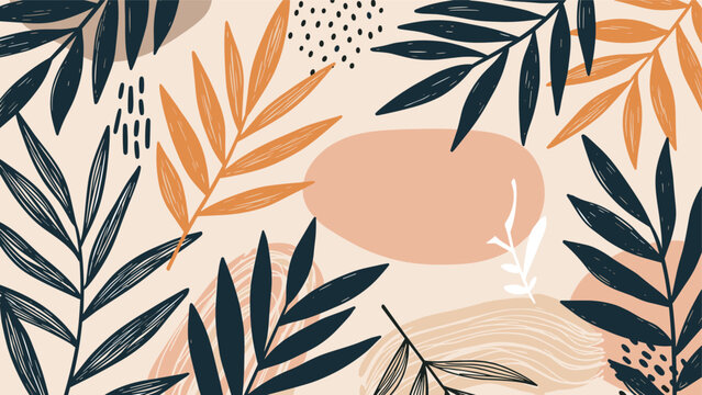 A modern abstract background pattern featuring stylized tropical leaves and organic shapes in a sophisticated palette of muted earthy and warm tones, perfect for contemporary design.
