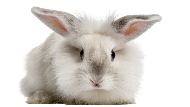 Isolated adorable fluffy domestic bunny with soft fur looking directly at the camera in studio.