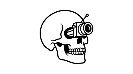 Obraz premium Skull with a camera lens for an eye, representing a fusion of mortality and technology