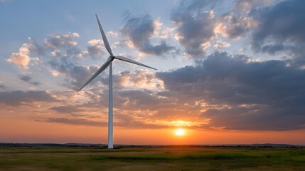 Obraz premium A modern wind turbine stands in a vast grassy field at sunset silhouetted against dramatically cloudy skies