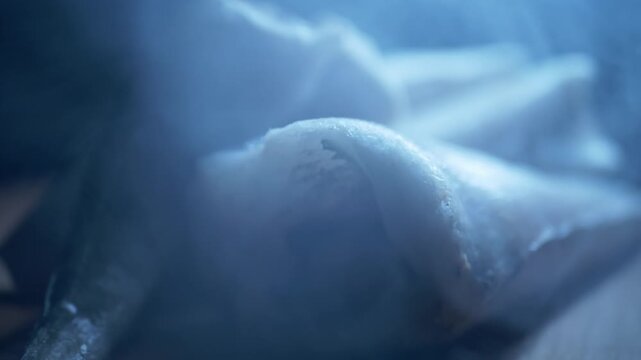 Raw frozen hake fish carcasses covered in frost rest as thick cold vapor rolls over the seafood. Concept of seafood industry storage, deep freeze preservation, and commercial food supply.