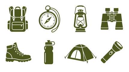 Collection of camping gear icons including backpack, compass, lantern, binoculars, and tent © Siwit