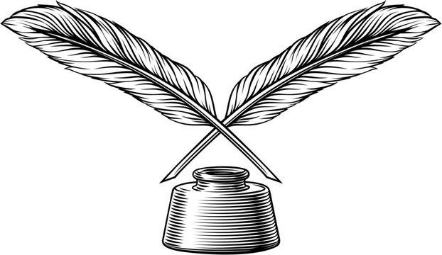 Crossed ink pen feather quills and inkwell illustration in a vintage woodcut engraved etching style. Notary, academic, archival and scholarly or writing or poetry symbol.