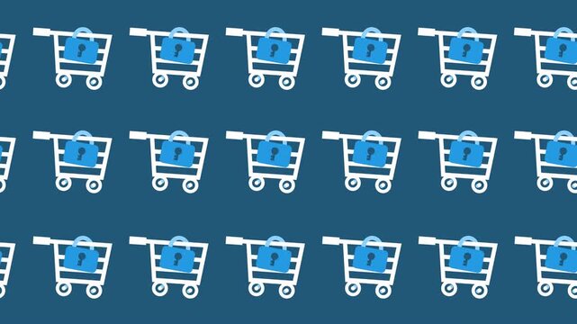 Seamless pattern of shopping carts with secure padlocks for safe e-commerce wallpaper. Abstract background animation with encrypted transactions and secure online marketplace backdrop.