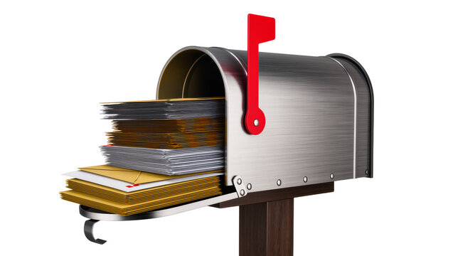 Isolated traditional American mailbox overflowing with stacks of letters and brown envelopes