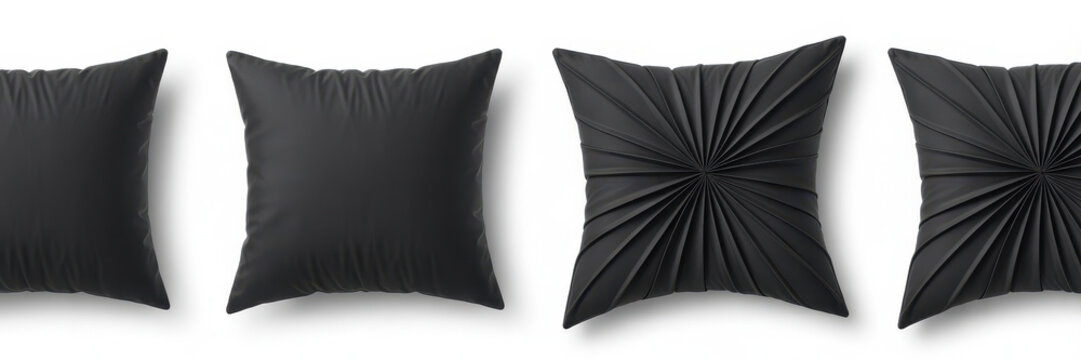 Four square decorative cushions in black fabric with pleated and smooth textures, isolated